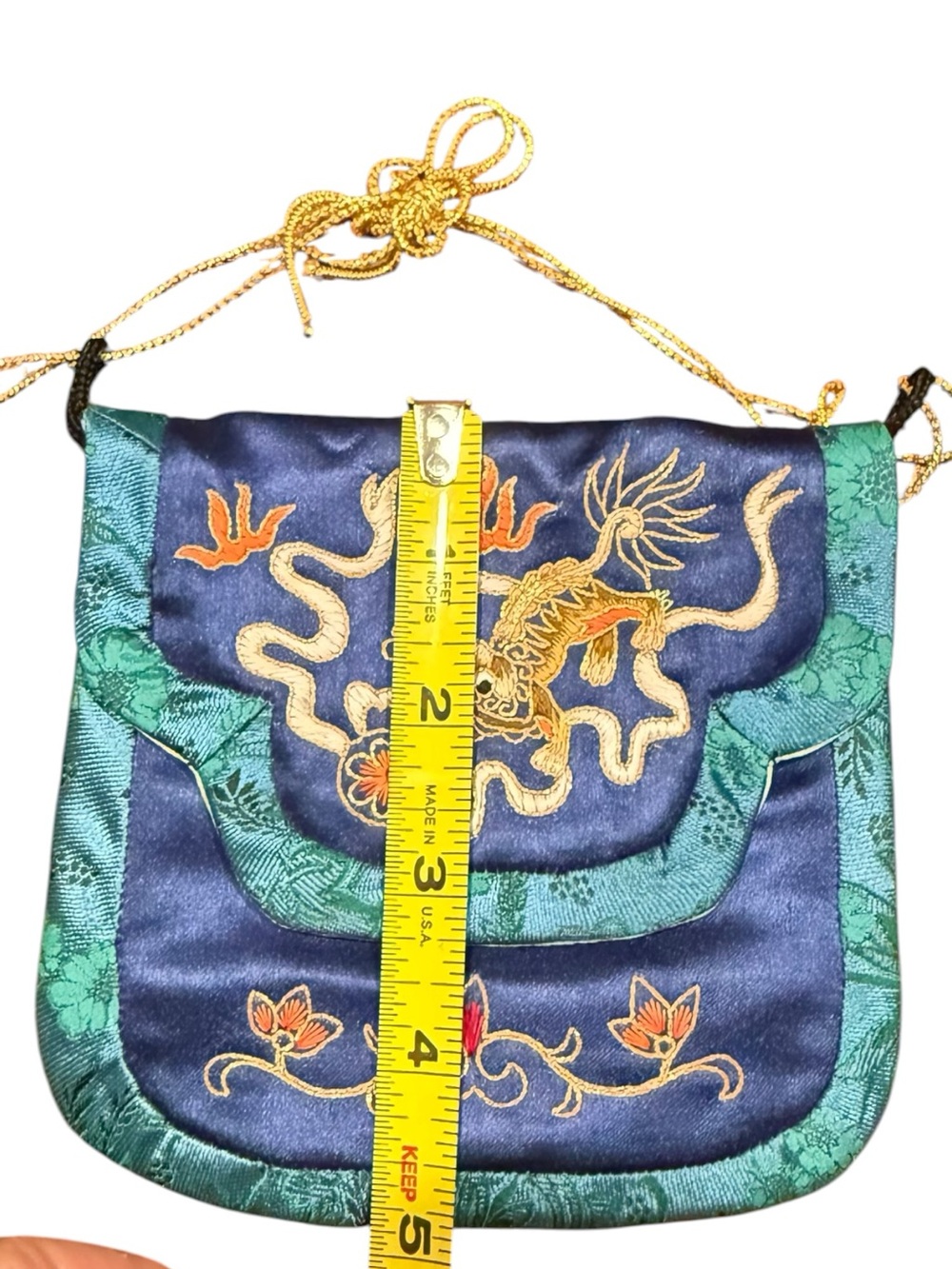 Vintage Chinese Silk Embroidered Dragon Pouch Purse Blue Brocade Bag - Picture 6 of 7